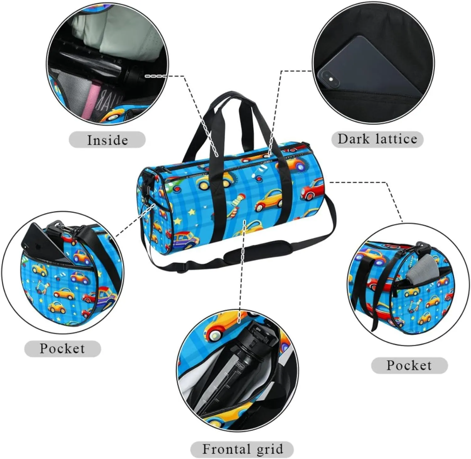 Travel Bag,Mens Gym Bag,Womens Gym Bag,Cartoon Car Line Grid,Sports Bag
