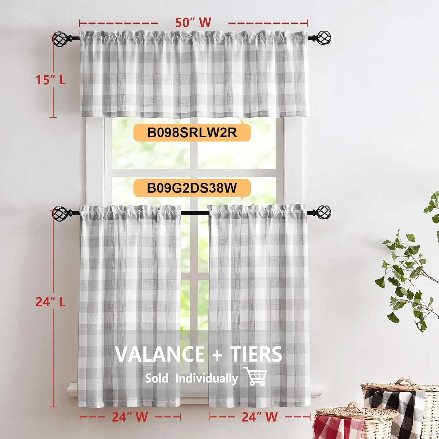 Treatmentex Grey-White Check Kitchen Tier Curtains - 24 inch Length Short Semi Sheer Cafe Curtains for Basement, Laundry Room, Bathroom Windows - 27w x 24l - 2 Panels Rod Pocket
