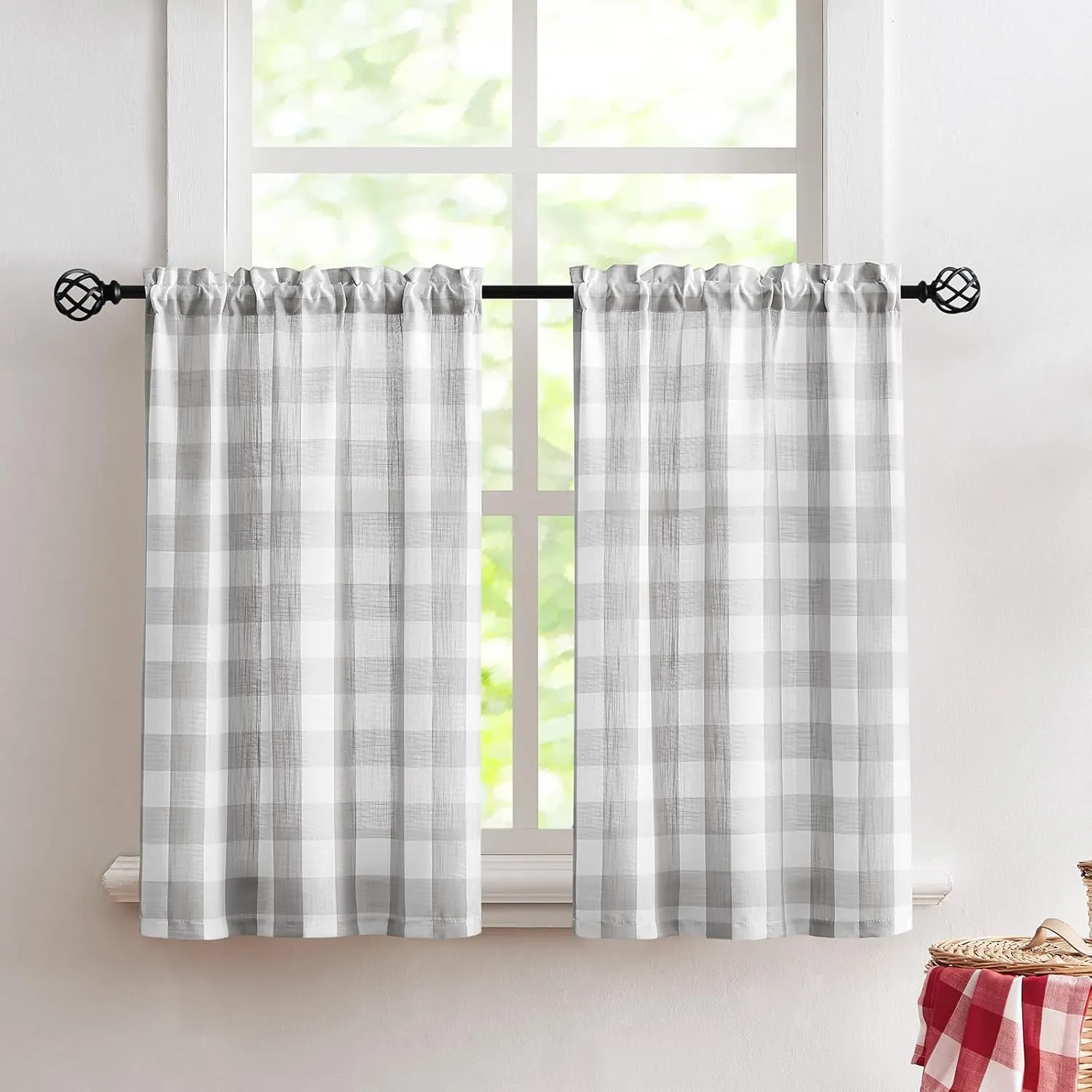 Treatmentex Grey-White Check Kitchen Tier Curtains - 24 inch Length Short Semi Sheer Cafe Curtains for Basement, Laundry Room, Bathroom Windows - 27w x 24l - 2 Panels Rod Pocket