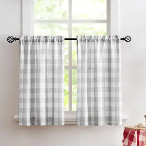 Treatmentex Grey-White Check Kitchen Tier Curtains - 24 inch Length Short Semi Sheer Cafe Curtains for Basement, Laundry Room, Bathroom Windows - 27w x 24l - 2 Panels Rod Pocket