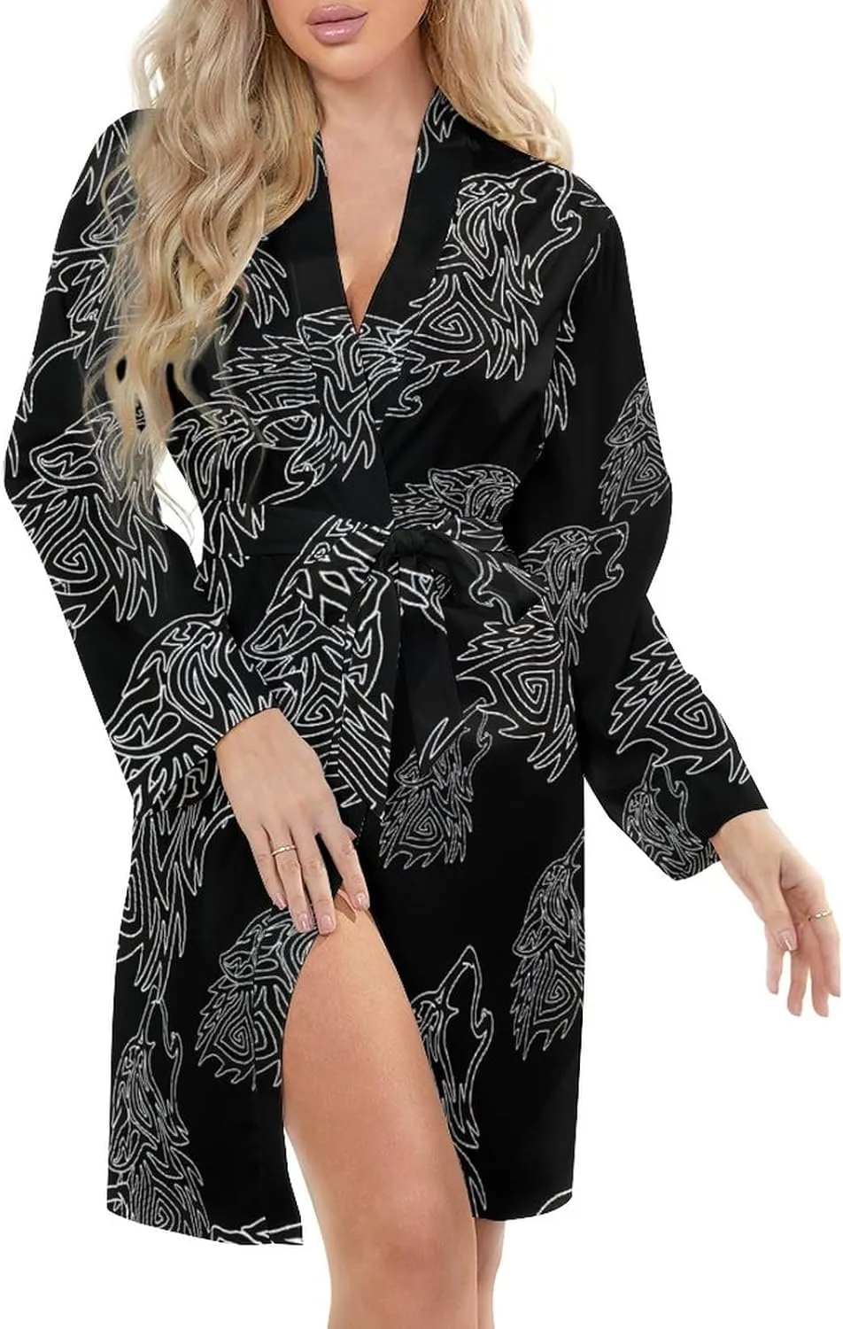 Tribal Wolf Howl Women's Short Robes Long Sleeve Belted Bathrobe Nightgown V Neck Sleepwear
