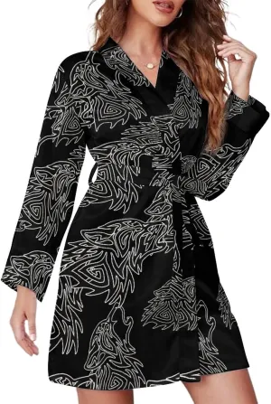 Tribal Wolf Howl Women's Short Robes Long Sleeve Belted Bathrobe Nightgown V Neck Sleepwear