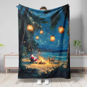 Tropical Christmas Blanket, Blue Santa Beach Campfire Throw Blanket, Soft Cozy Plush Fleece for Sofa, Travel, Picnics, All Season Home Decor 50x60 Inch