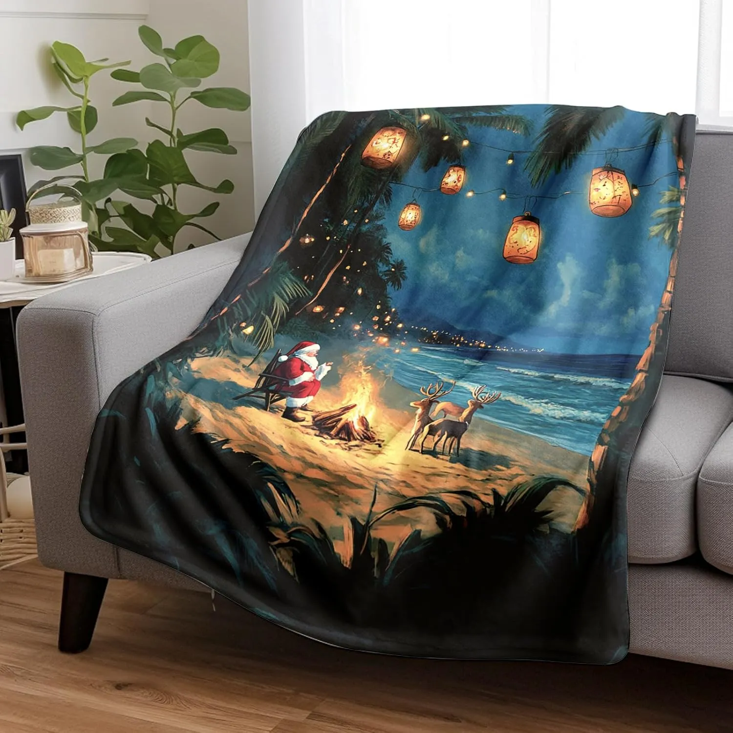 Tropical Christmas Blanket, Blue Santa Beach Campfire Throw Blanket, Soft Cozy Plush Fleece for Sofa, Travel, Picnics, All Season Home Decor 50x60 Inch