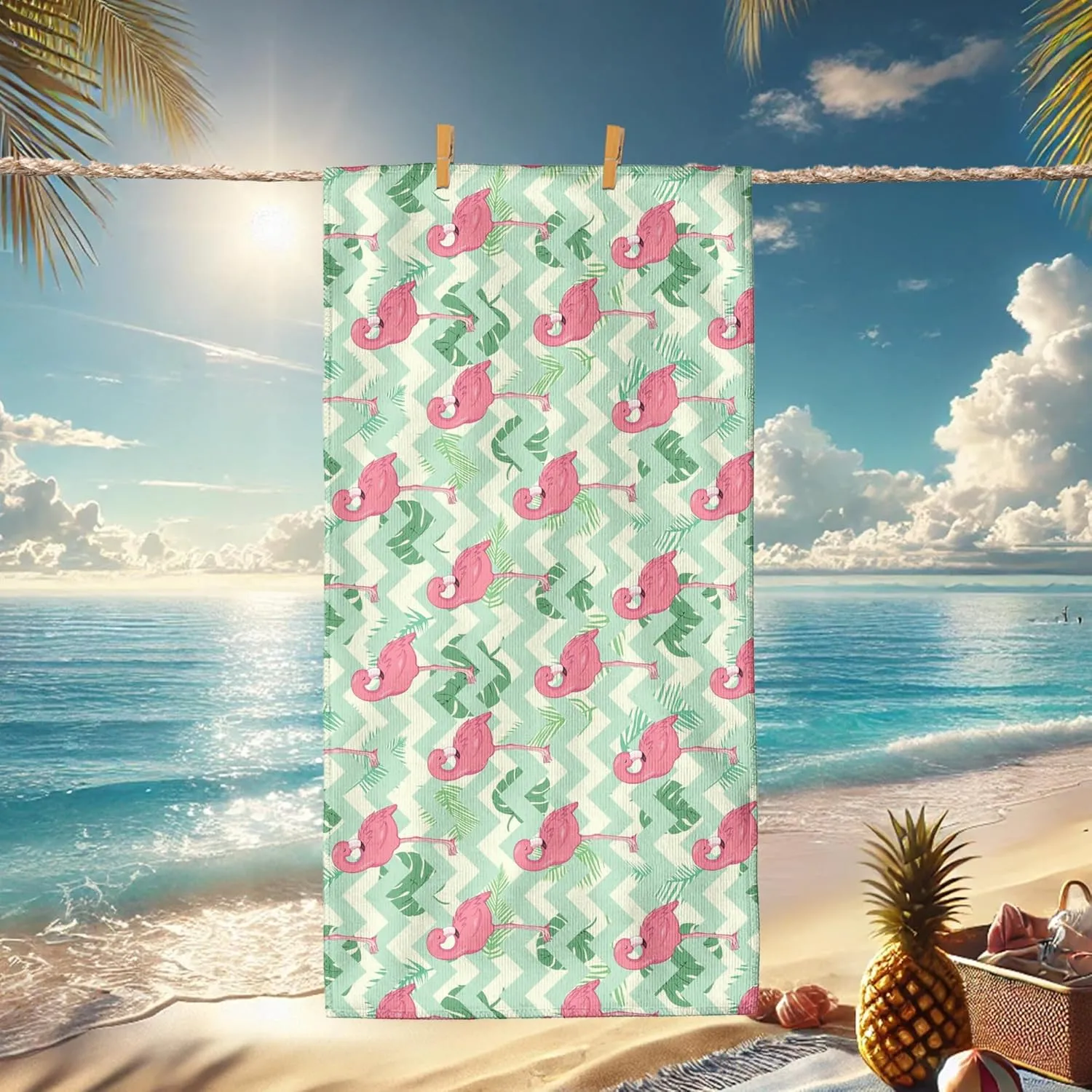 Tropical Tropical Bird Microfiber Beach Towel Peach Palm Leaves Quick Dry Sand Free Lightweight Blanket, Travel Pool Picnic Essentials 62x31 Inch