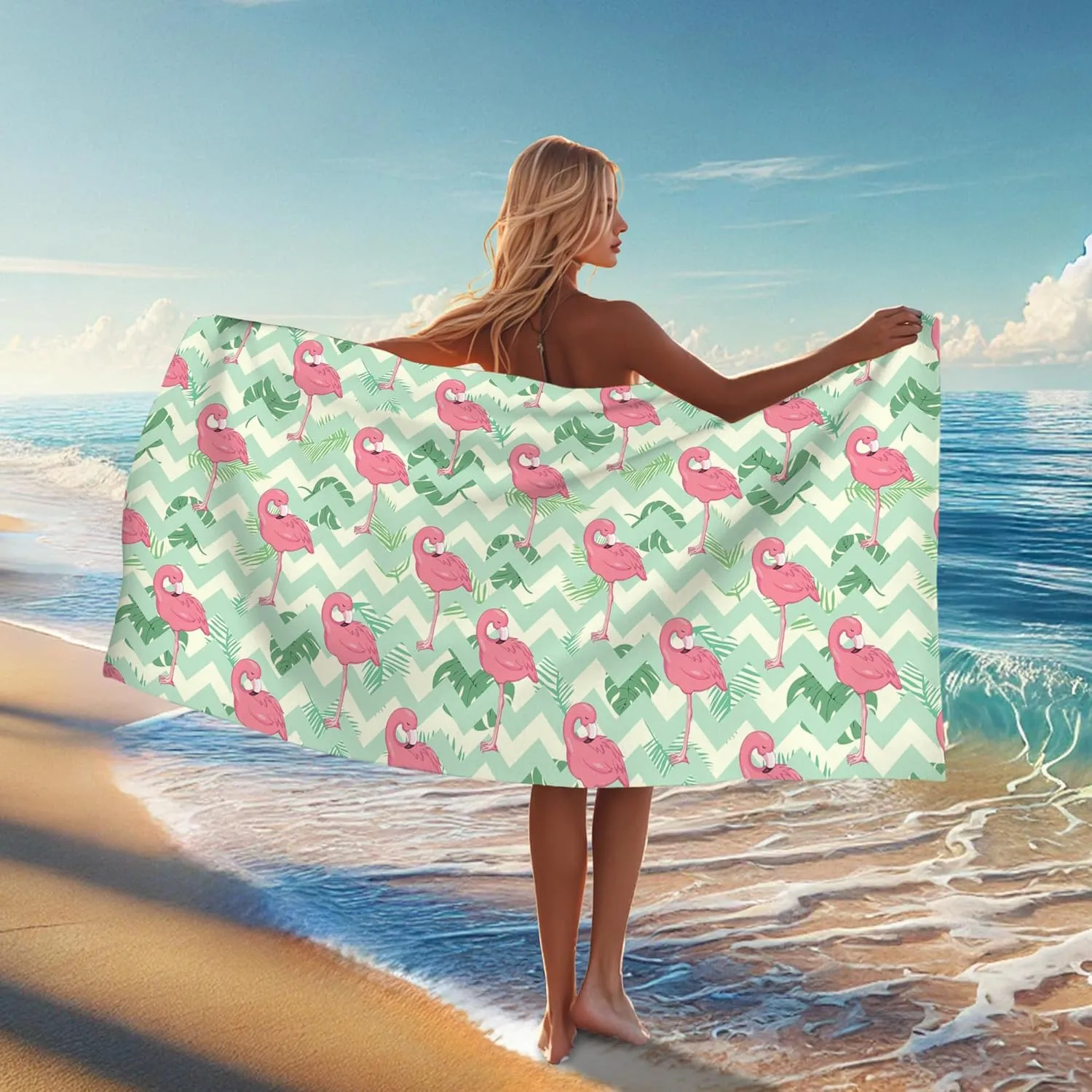Tropical Tropical Bird Microfiber Beach Towel Peach Palm Leaves Quick Dry Sand Free Lightweight Blanket, Travel Pool Picnic Essentials 62x31 Inch