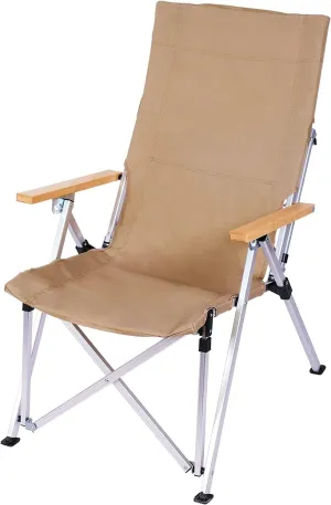 TRY & DO Portable Oversized Folding Camping Chair with Aluminum Frame, 3 Positions Adjustable Beach Chair with Wooden Armrest for Outdoor Use, Carry Bag and Back Storage Pouch Included, Beige