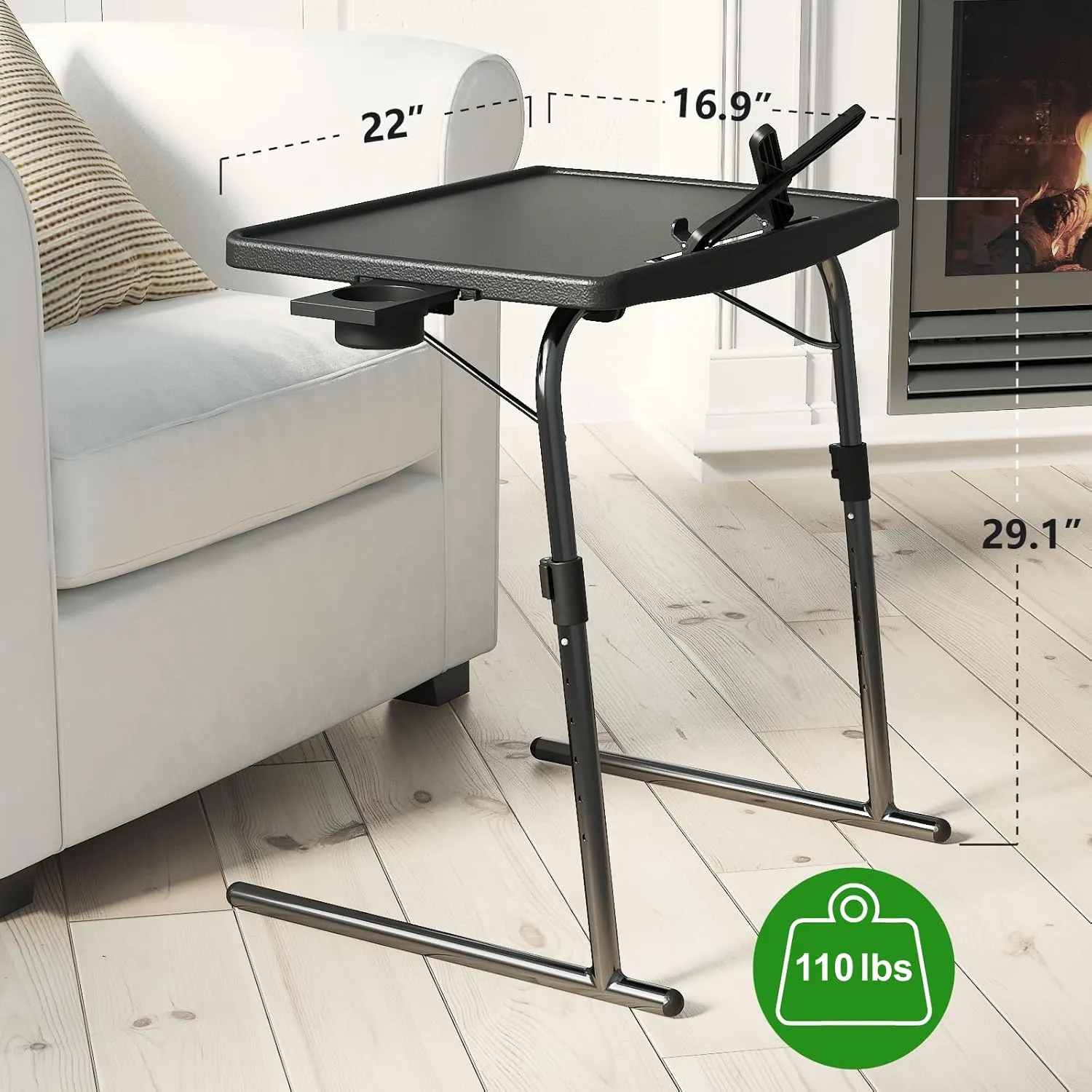TV Tray Table with Cup Holder, Max Folding TV Dinner Tray w/6 Height & 3 Tilt Angle, Adjustable TV Trays for Eating on Couch, Large Foldable Laptop Table, Black, 16.9 x 22 x 29.1inch, 110lbs