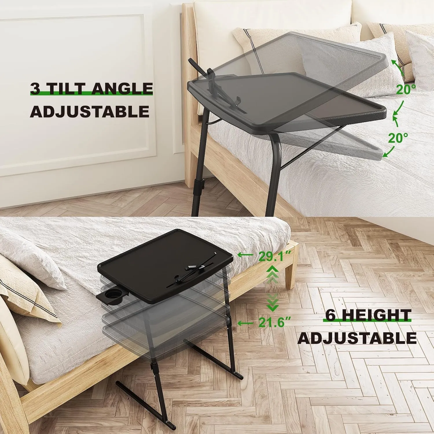 TV Tray Table with Cup Holder, Max Folding TV Dinner Tray w/6 Height & 3 Tilt Angle, Adjustable TV Trays for Eating on Couch, Large Foldable Laptop Table, Black, 16.9 x 22 x 29.1inch, 110lbs