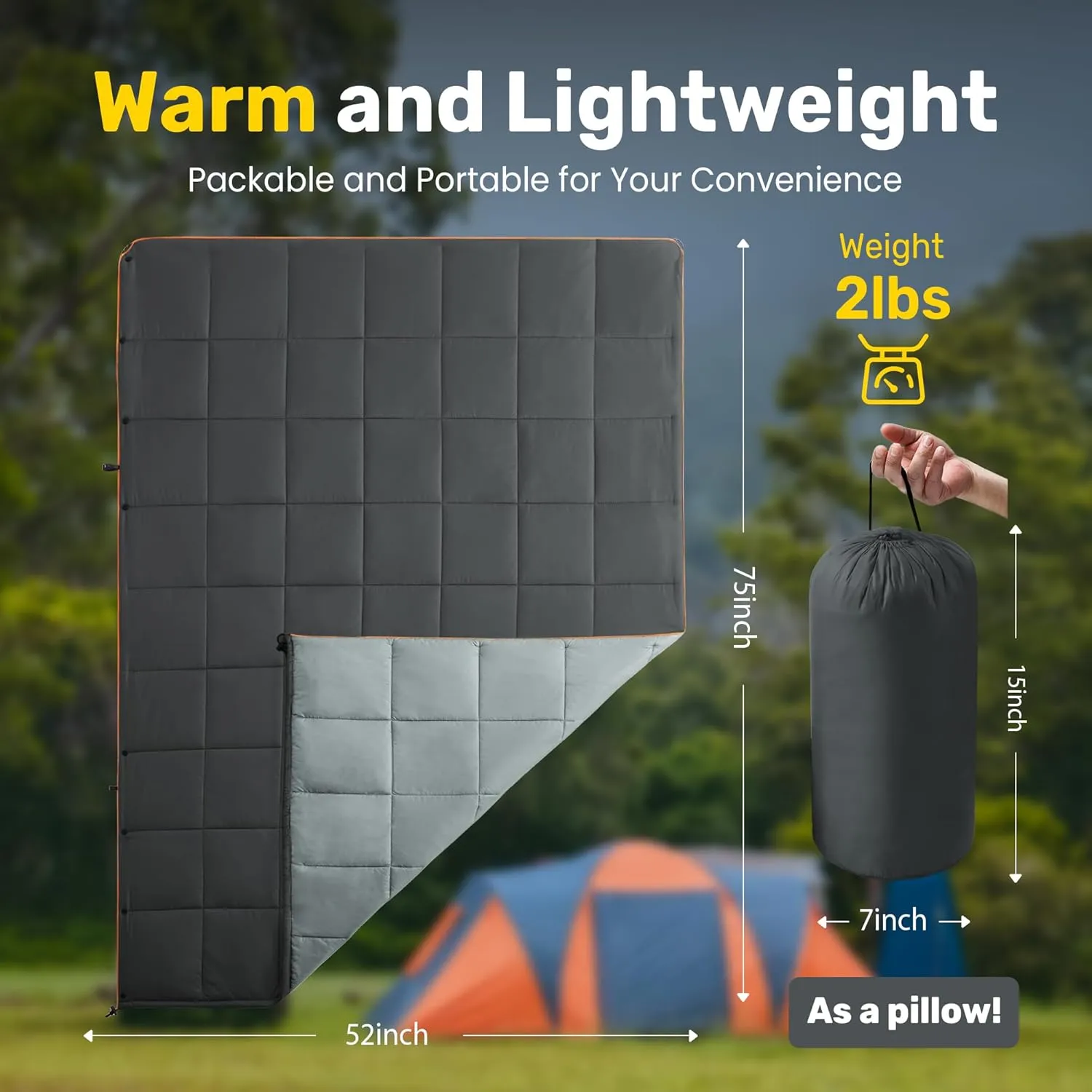 UNIKOME Outdoor Packable Camping Blanket, Lightweight Travel Blanket for Hiking, Camping, Dual-Sides Waterproof Puffy Down Alternative Camping Blanket with Snap Clasps, 75"×52", Grey&Light Grey