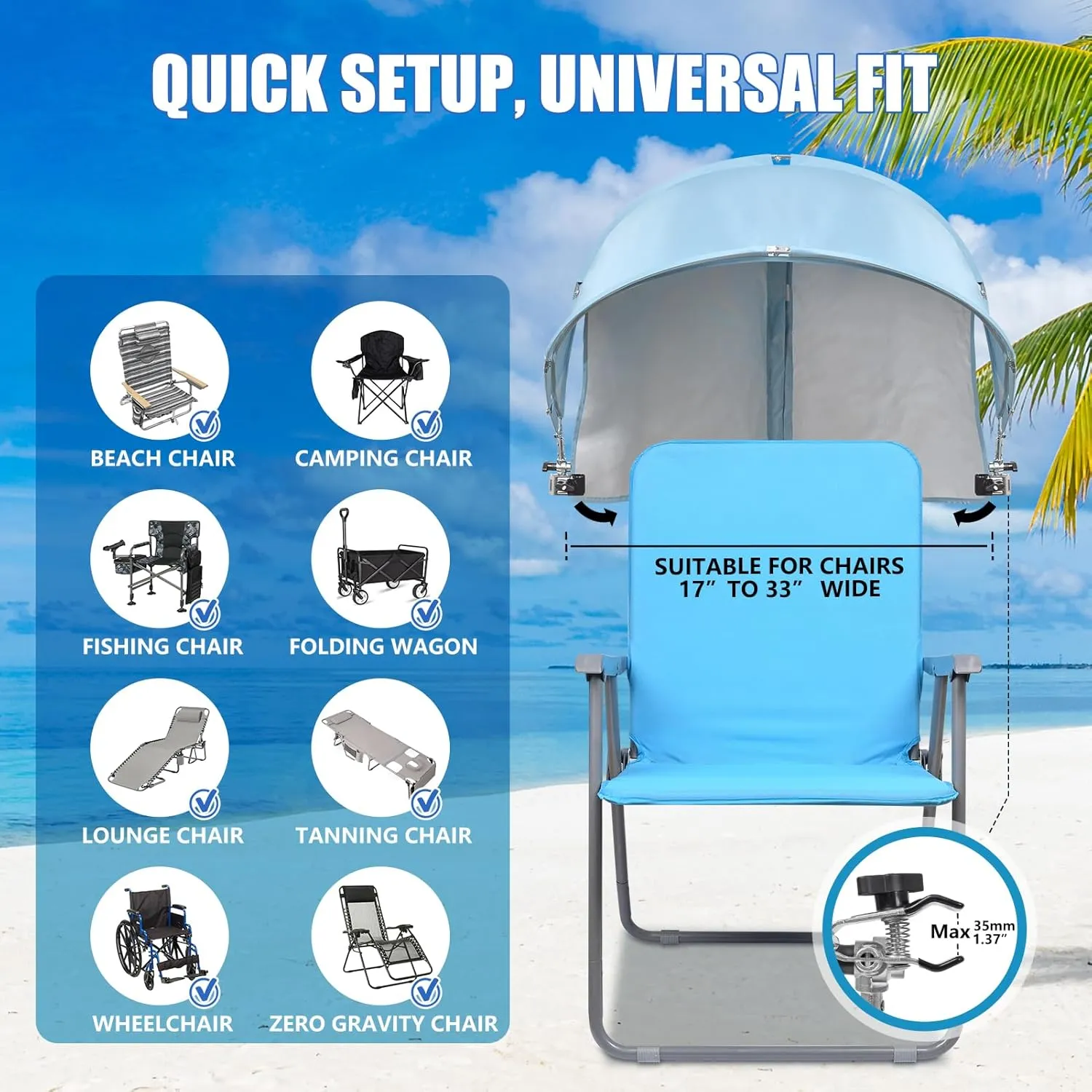 Universal XL Chair Canopy Umbrella, Foldable Sun Shade Attachment with Adjustable Clamp for Beach, Camping, Sports, Outdoor, Tanning, Zero Gravity Chairs, Wheelchair, Wagon, UPF 50 , Patent Design