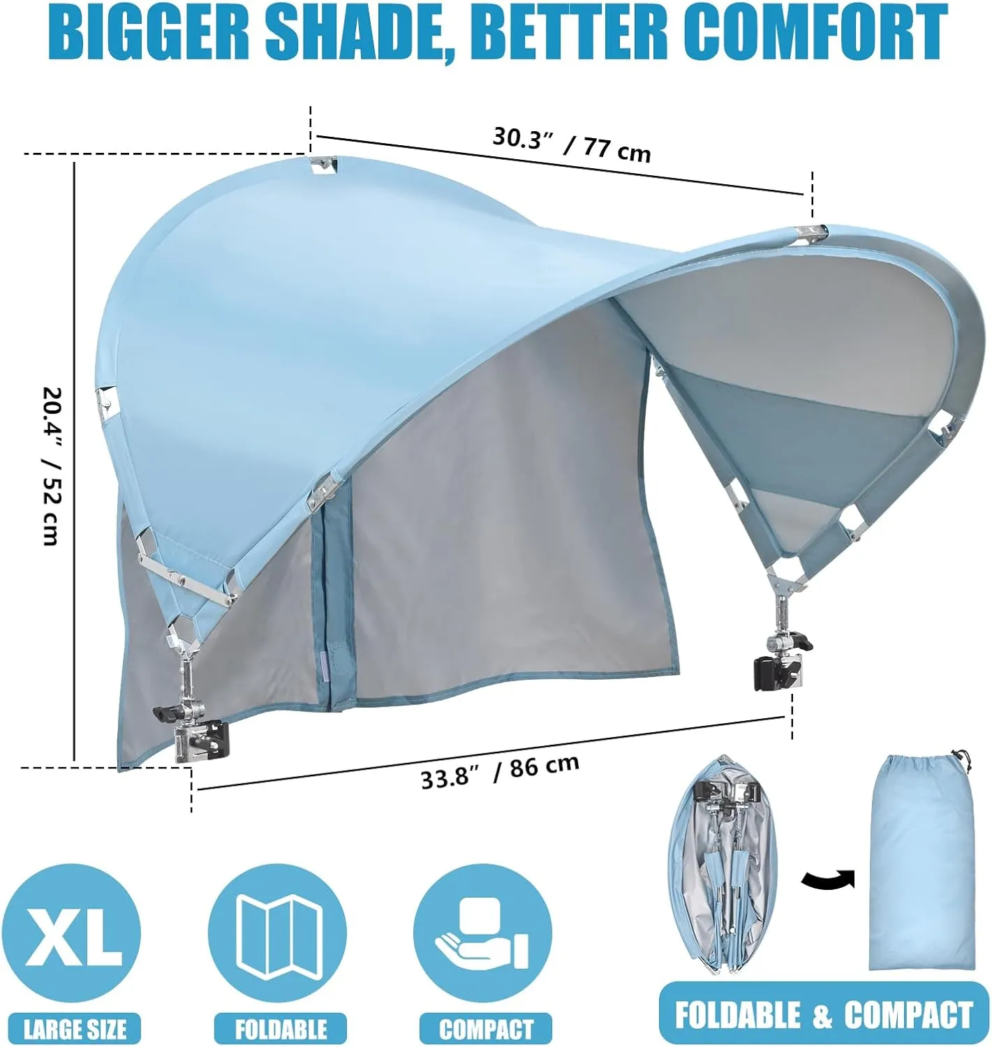 Universal XL Chair Canopy Umbrella, Foldable Sun Shade Attachment with Adjustable Clamp for Beach, Camping, Sports, Outdoor, Tanning, Zero Gravity Chairs, Wheelchair, Wagon, UPF 50 , Patent Design