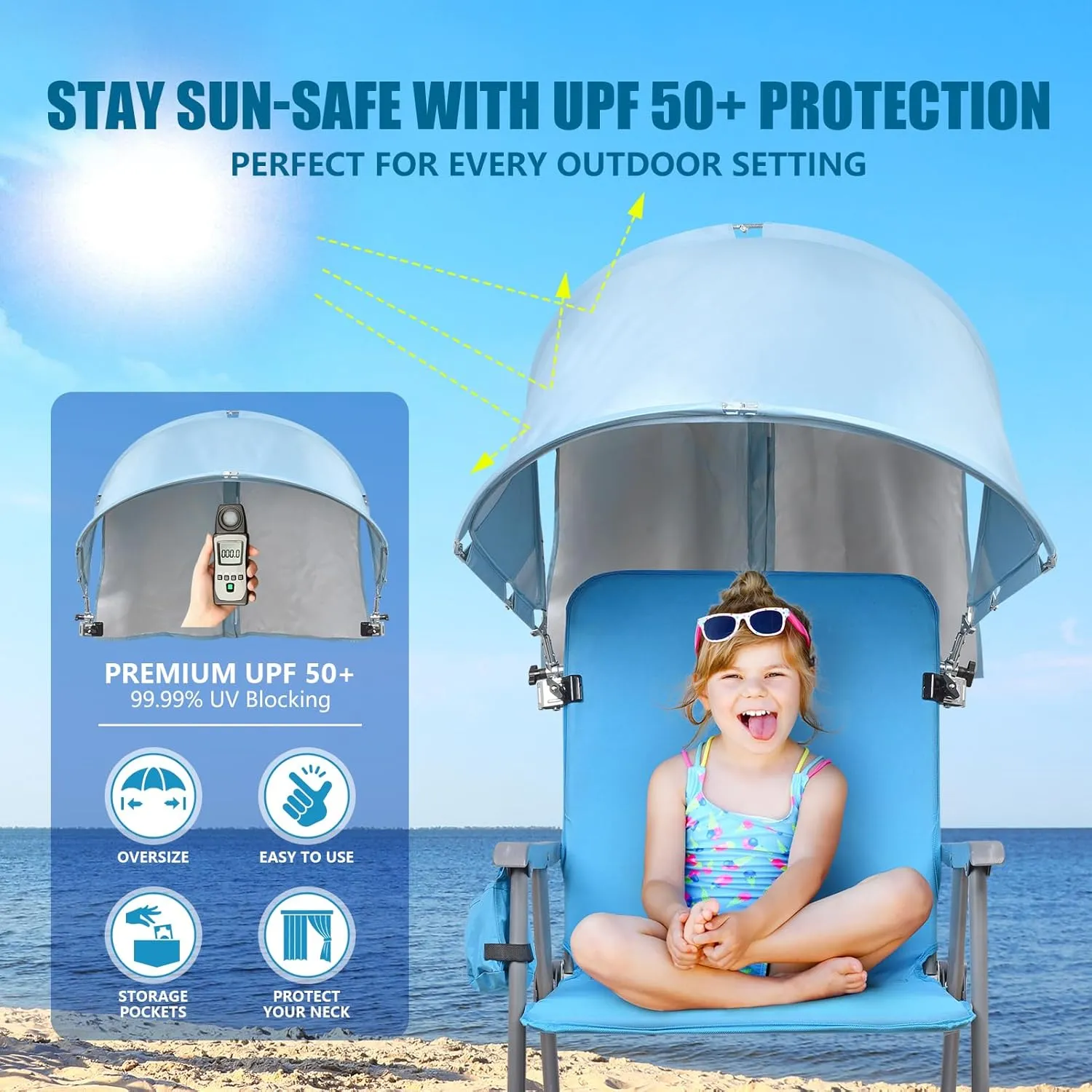 Universal XL Chair Canopy Umbrella, Foldable Sun Shade Attachment with Adjustable Clamp for Beach, Camping, Sports, Outdoor, Tanning, Zero Gravity Chairs, Wheelchair, Wagon, UPF 50 , Patent Design