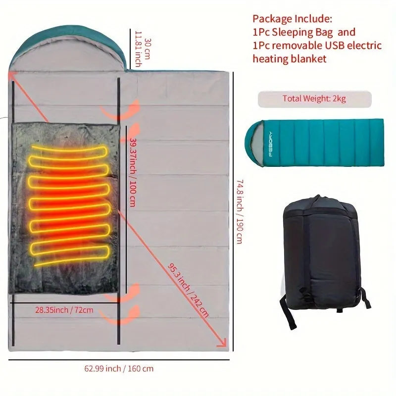 USB-Powered Camping Sleeping Bag with Adjustable Temperature Heating Pad -, Wear-Resistant, Zip Closure, Fits Up to 6ft - Perfect for All Seasons & Outdoor Adventures