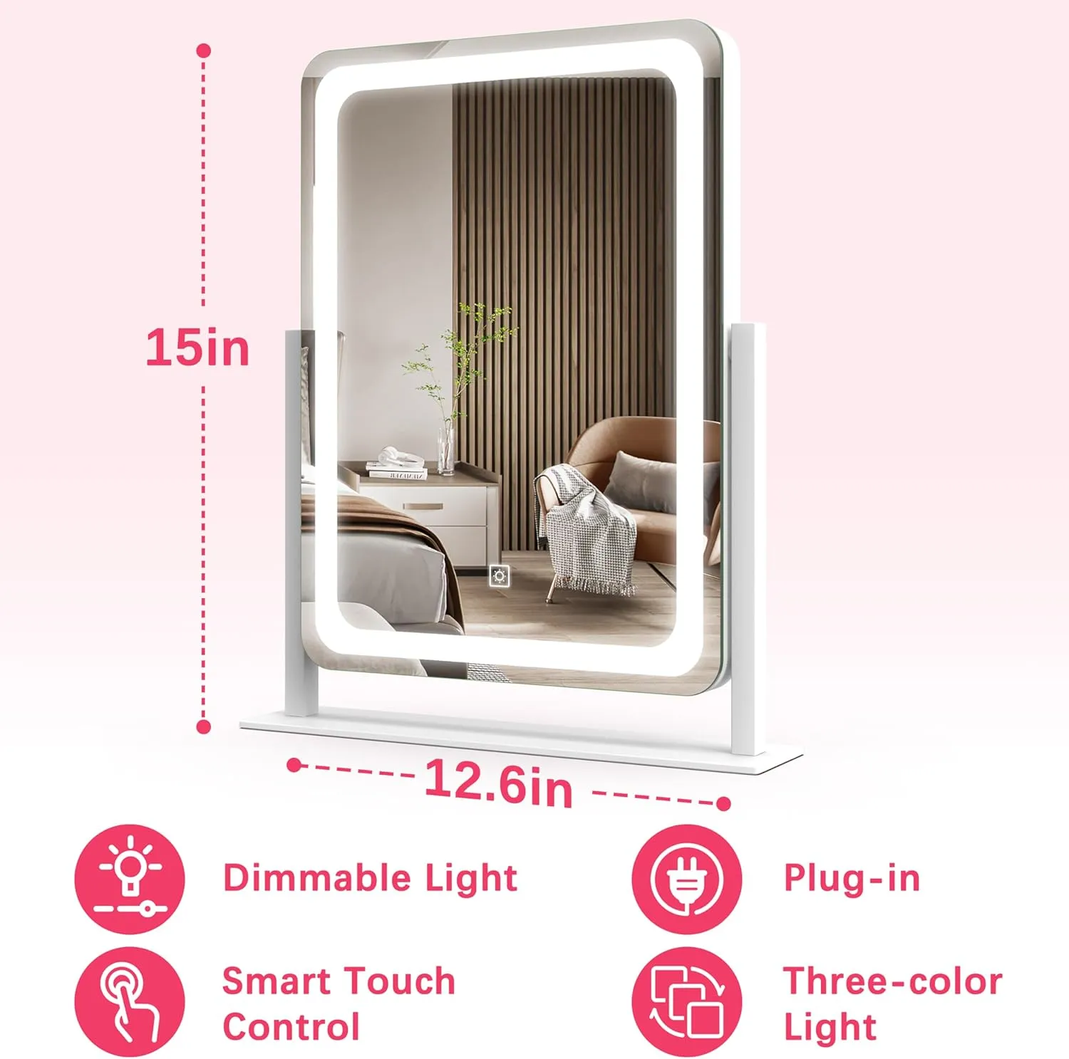 Vanity Mirror with Lights, 12.6"×15" LED Makeup Mirror, Lighted Makeup Mirror with Lights, Smart Touch Control Dimmable 3 Modes Light, Lighted Up Mirror for Makeup Desk, Bedroom, Dressing Room