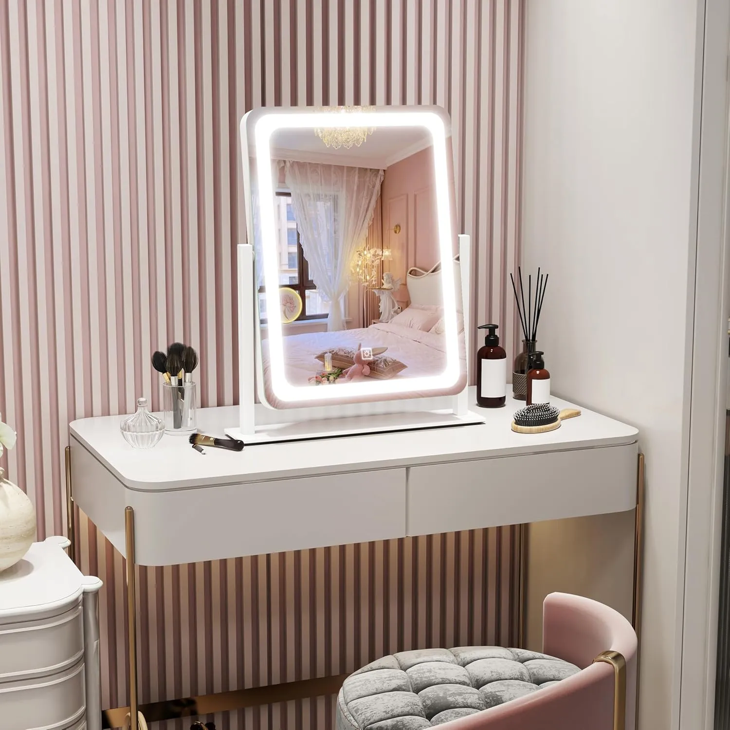 Vanity Mirror with Lights, 12.6"×15" LED Makeup Mirror, Lighted Makeup Mirror with Lights, Smart Touch Control Dimmable 3 Modes Light, Lighted Up Mirror for Makeup Desk, Bedroom, Dressing Room