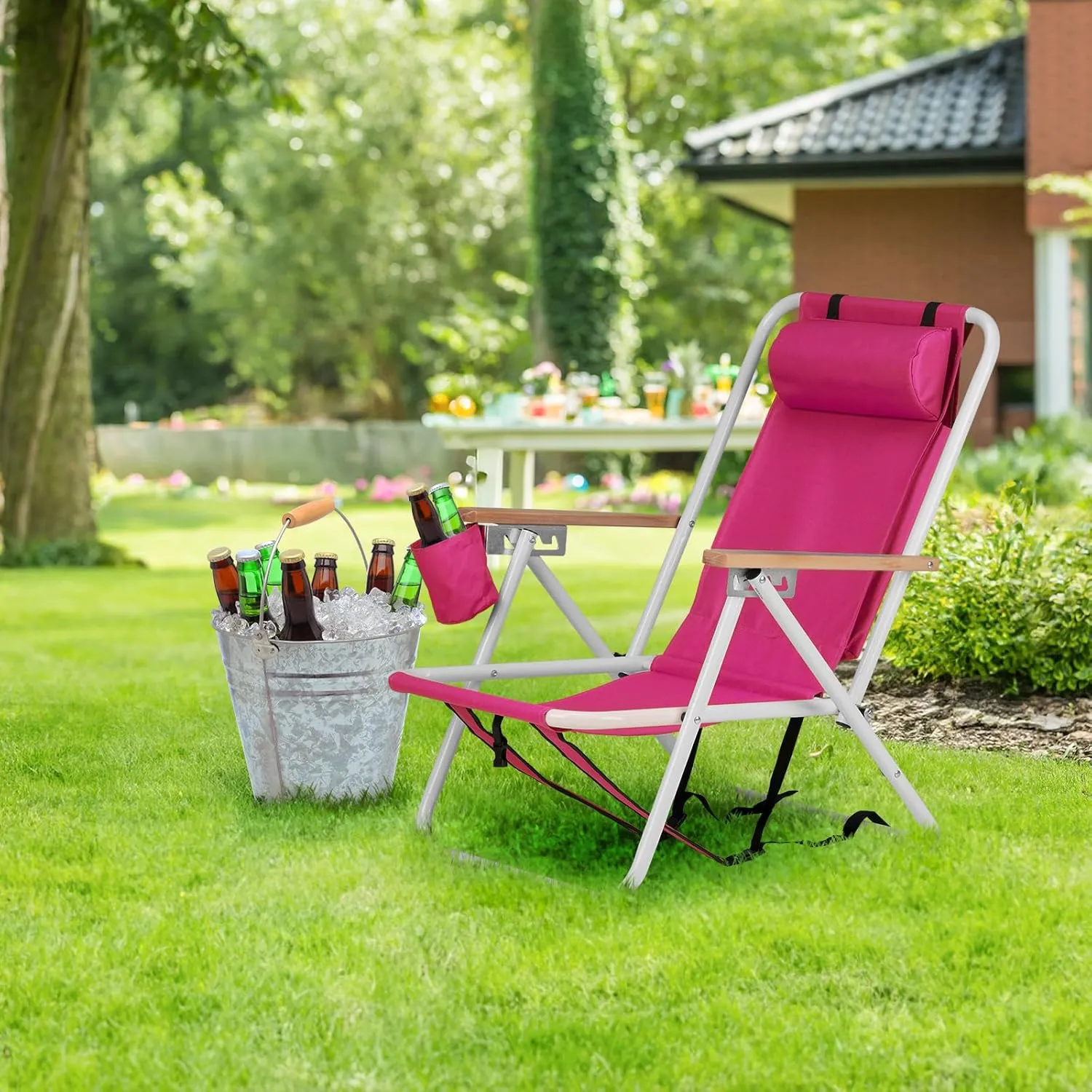 Vasitelan Outdoor Folding Beach Chairs for Adults,Compact Portable Folding Camping Chair with Backpack Straps, Support to 265LBS (Pink)