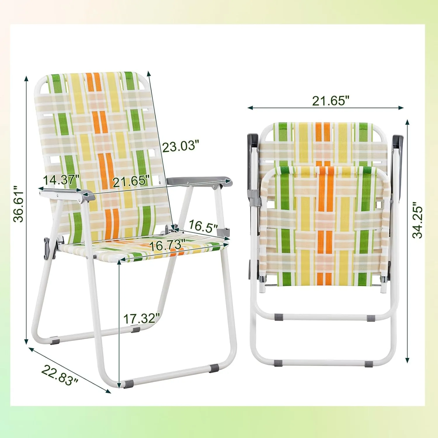 Vasitelan Patio Lawn Chairs Folding Chairs Set of 2, Webbed Folding Chair Outdoor Beach Chair Portable Camping Chair for Yard, Garden (Yellow & Green)