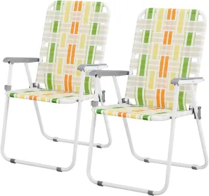 Vasitelan Patio Lawn Chairs Folding Chairs Set of 2, Webbed Folding Chair Outdoor Beach Chair Portable Camping Chair for Yard, Garden (Yellow & Green)
