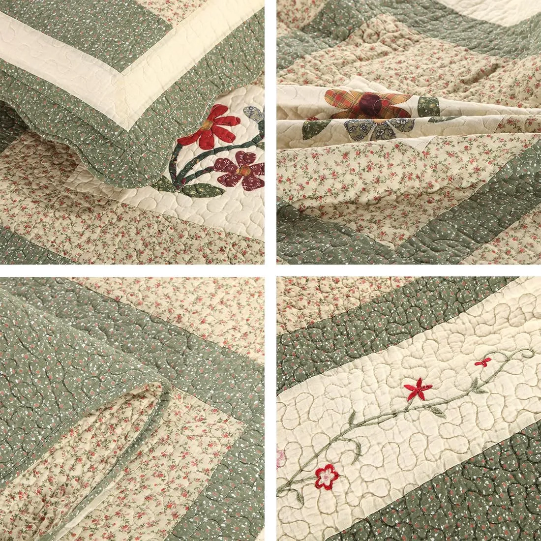 vctops Farmhouse Green 3 Piece Embroidered Floral Quilted Bedspread Quilt Set 100% Cotton Reversible Patchwork Coverlet Set 1 Quilt and 2 Pillow Shams (Green,Queen)