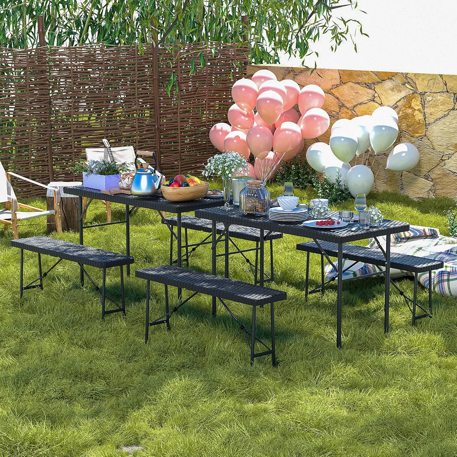 VECELO 3 Piece Folding Picnic Table with 2 Benches, 47.2" Faux Rattan Patio Set with Mesh Bag, Heat-Resistant & Waterproof, for Indoor Outdoor Use, Black