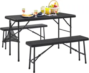 VECELO 3 Piece Folding Picnic Table with 2 Benches, 47.2" Faux Rattan Patio Set with Mesh Bag, Heat-Resistant & Waterproof, for Indoor Outdoor Use, Black