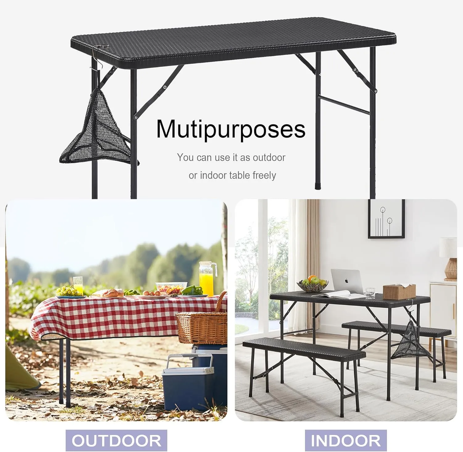 VECELO 3 Piece Folding Picnic Table with 2 Benches, 47.2" Faux Rattan Patio Set with Mesh Bag, Heat-Resistant & Waterproof, for Indoor Outdoor Use, Black