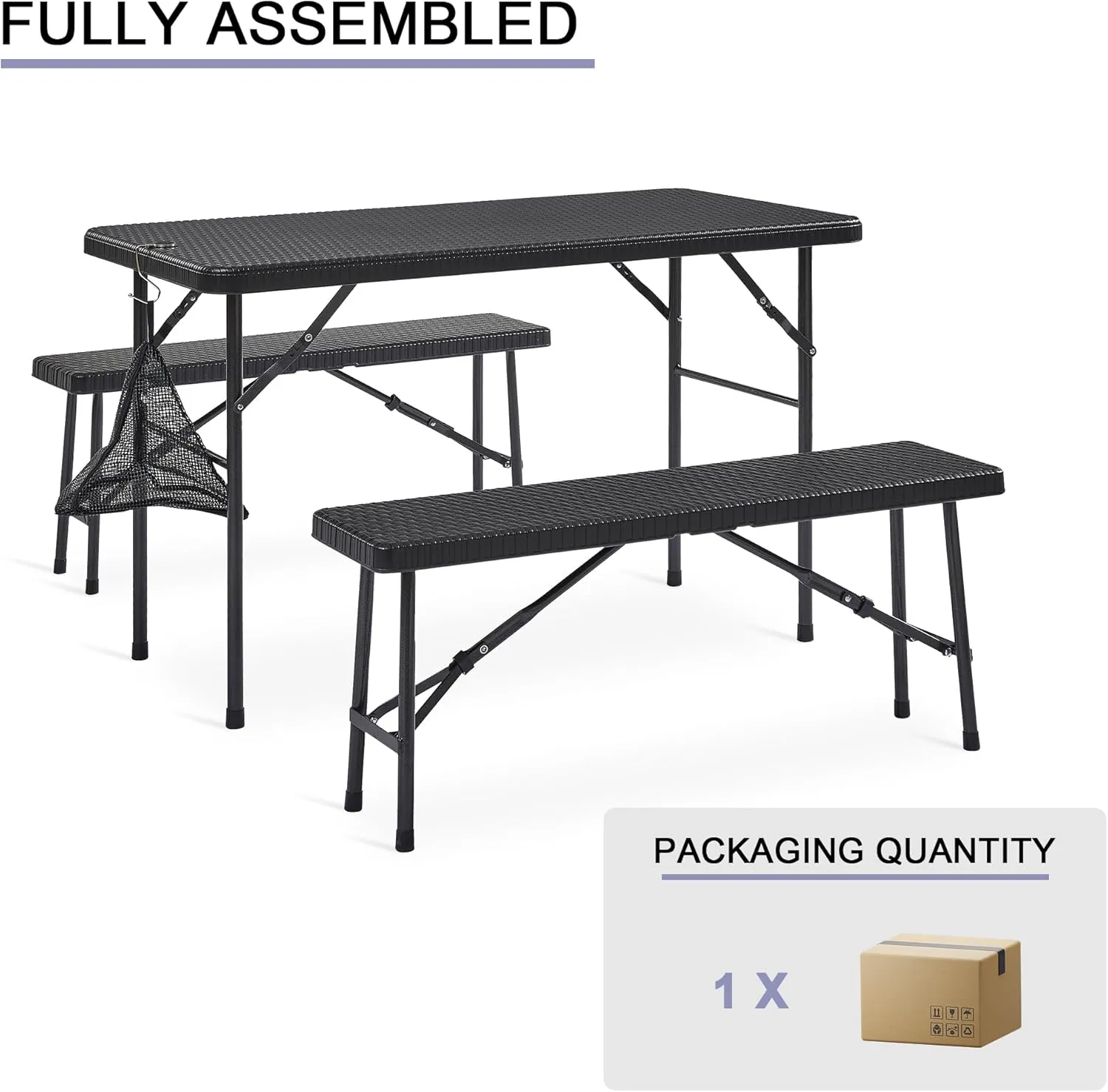 VECELO 3 Piece Folding Picnic Table with 2 Benches, 47.2" Faux Rattan Patio Set with Mesh Bag, Heat-Resistant & Waterproof, for Indoor Outdoor Use, Black