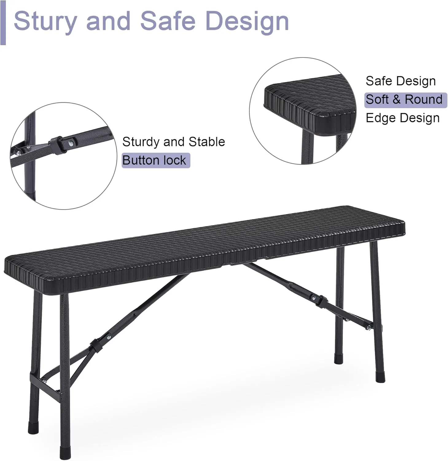 VECELO 3 Piece Folding Picnic Table with 2 Benches, 47.2" Faux Rattan Patio Set with Mesh Bag, Heat-Resistant & Waterproof, for Indoor Outdoor Use, Black