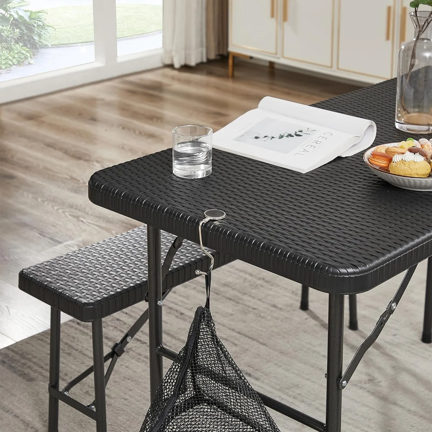 VECELO 3 Piece Folding Picnic Table with 2 Benches, 47.2" Faux Rattan Patio Set with Mesh Bag, Heat-Resistant & Waterproof, for Indoor Outdoor Use, Black