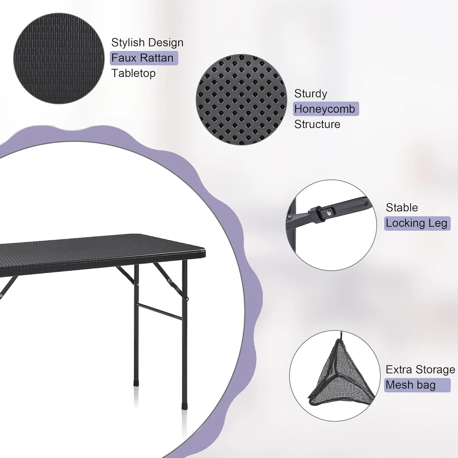 VECELO 3 Piece Folding Picnic Table with 2 Benches, 47.2" Faux Rattan Patio Set with Mesh Bag, Heat-Resistant & Waterproof, for Indoor Outdoor Use, Black
