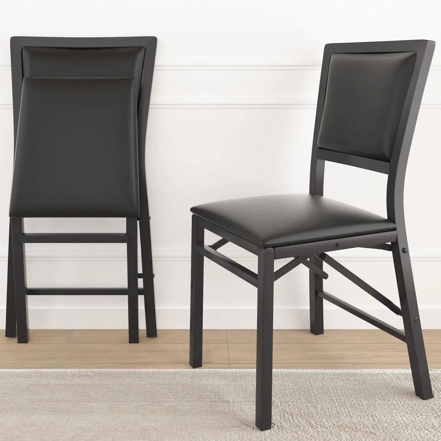VECELO Folding Chairs Set of 2 with Cushion, Foldable Padded Seats with Heavy Duty Metal Frame for Kitchen/Dining/Living Room, No Assembly & Space Saving Design, Solid Black