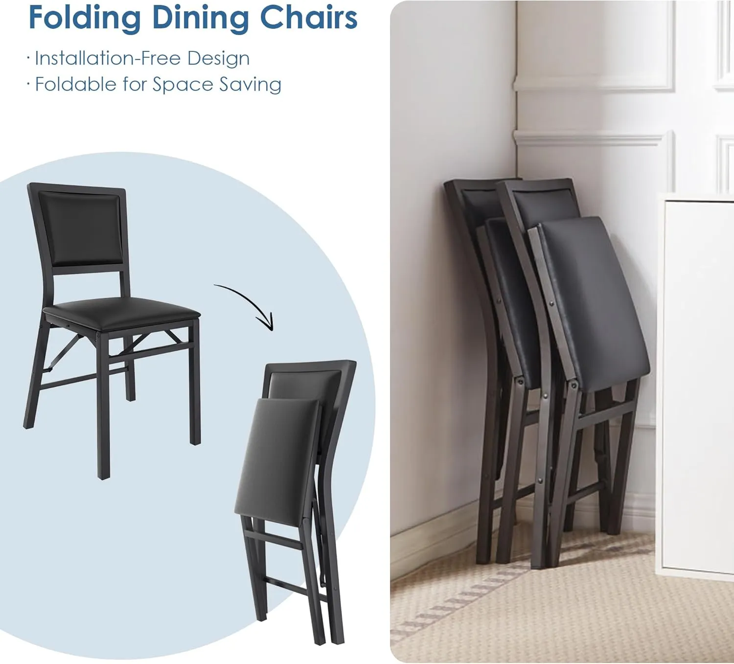 VECELO Folding Chairs Set of 2 with Cushion, Foldable Padded Seats with Heavy Duty Metal Frame for Kitchen/Dining/Living Room, No Assembly & Space Saving Design, Solid Black