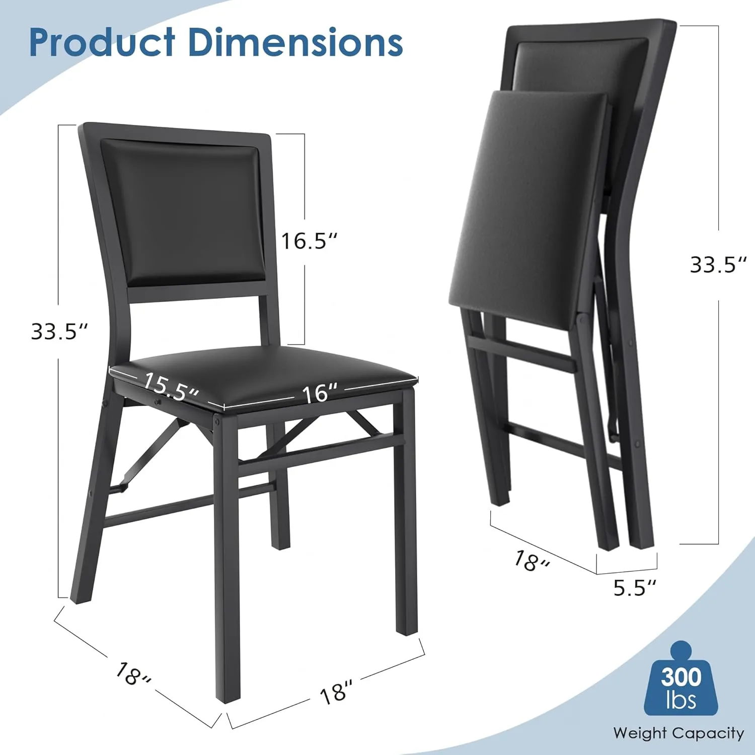 VECELO Folding Chairs Set of 2 with Cushion, Foldable Padded Seats with Heavy Duty Metal Frame for Kitchen/Dining/Living Room, No Assembly & Space Saving Design, Solid Black