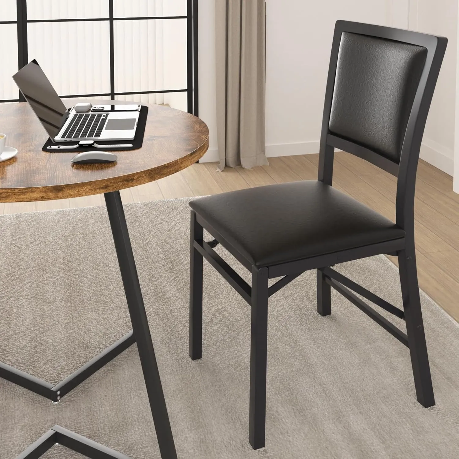 VECELO Folding Chairs Set of 2 with Cushion, Foldable Padded Seats with Heavy Duty Metal Frame for Kitchen/Dining/Living Room, No Assembly & Space Saving Design, Solid Black
