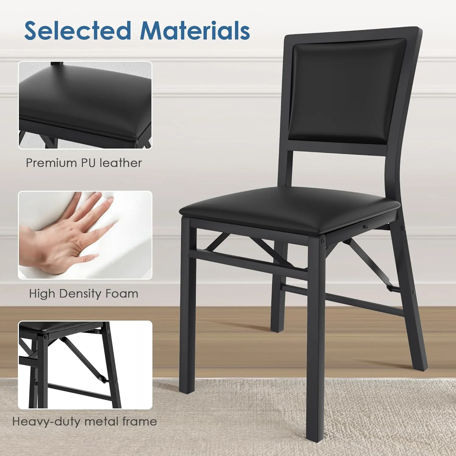 VECELO Folding Chairs Set of 2 with Cushion, Foldable Padded Seats with Heavy Duty Metal Frame for Kitchen/Dining/Living Room, No Assembly & Space Saving Design, Solid Black