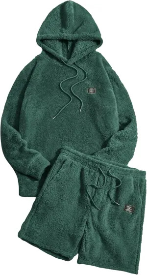 Verdusa Men's 2 Piece Tracksuit Sets Fleece Fuzzy Hooded Sweatshirt and Shorts