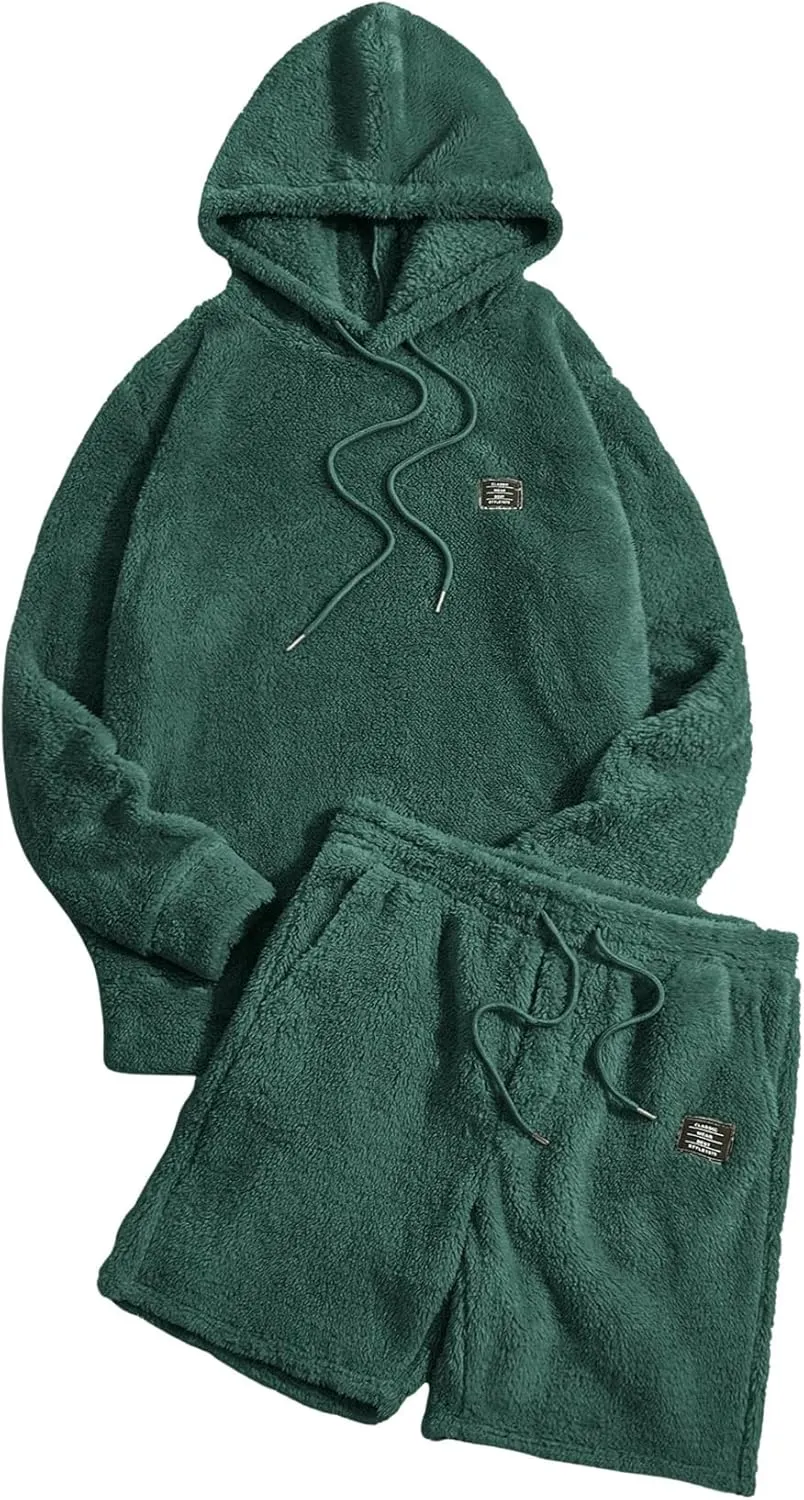 Verdusa Men's 2 Piece Tracksuit Sets Fleece Fuzzy Hooded Sweatshirt and Shorts