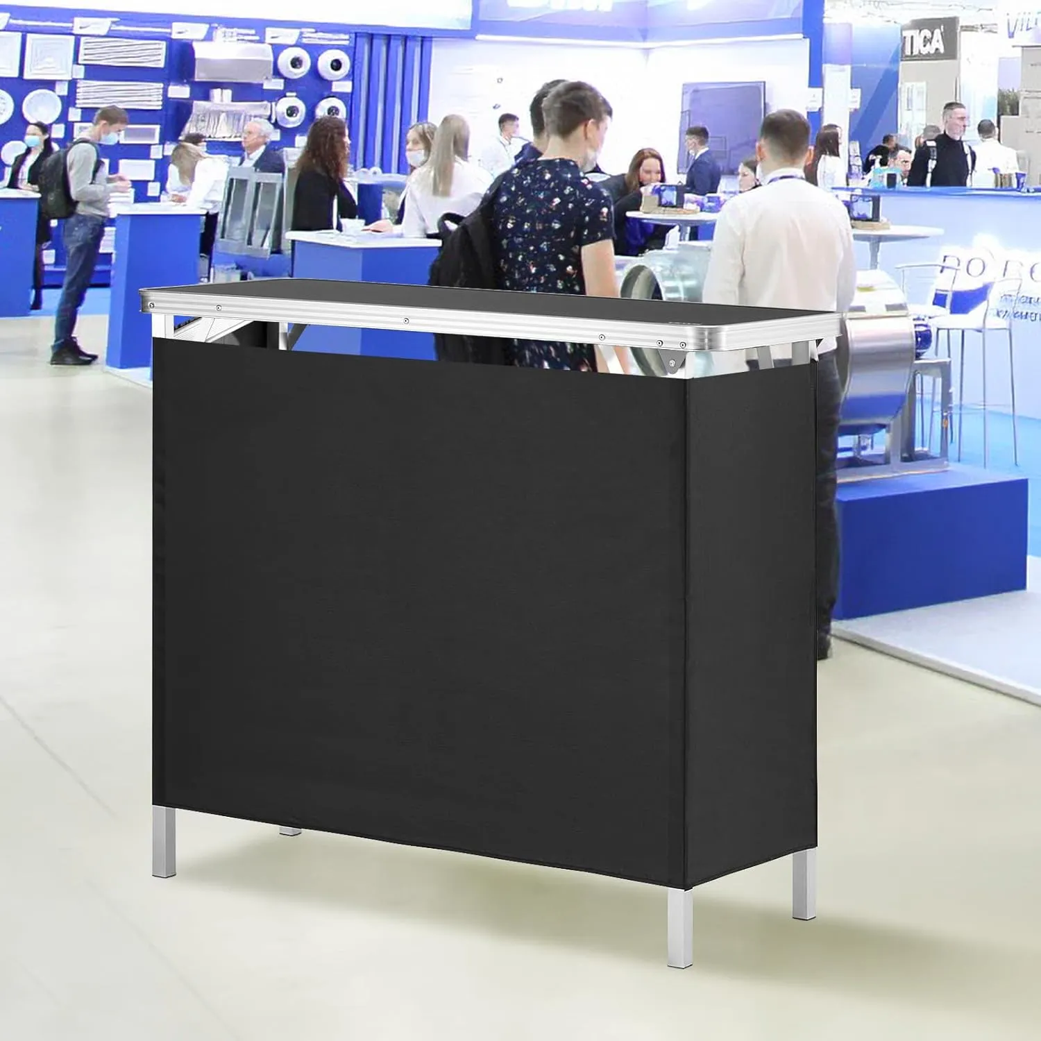 VEVOR Folding Portable Bar Table, Tradeshow Podium Table for Indoor, Outdoor, Party, Picnic, Exhibition, Includes Carrying Case, Storage Shelf and Black Skirt, 38.39" x 15.16" x 34.25"
