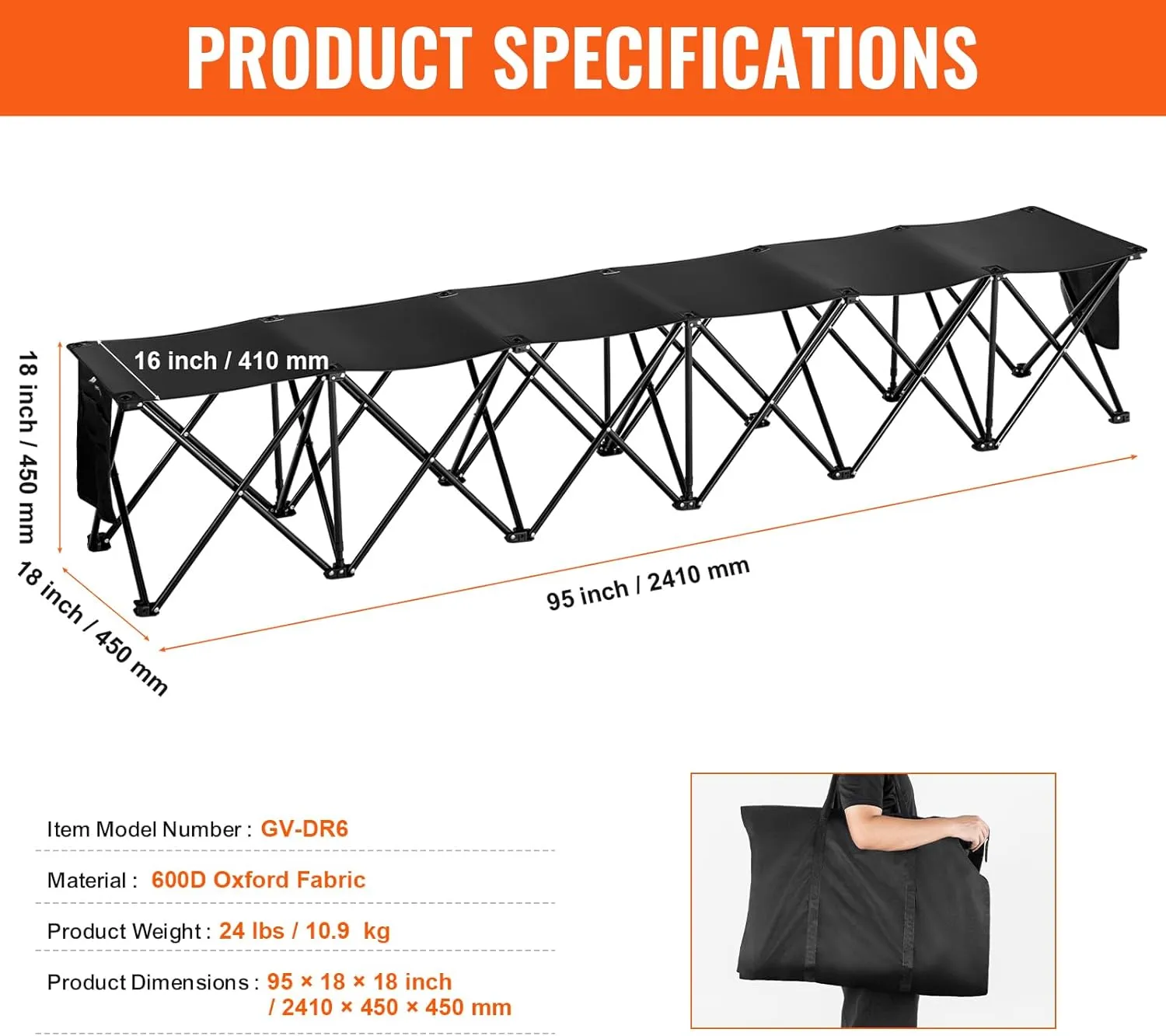 VEVOR Portable Folding Bench, 6 Seats Foldable Sideline Bench, Outdoor Camping Bench Chair with Carry Bag & Backrest, Team Sport Sideline Bench for Football Fishing, 6 Seats, 8seats