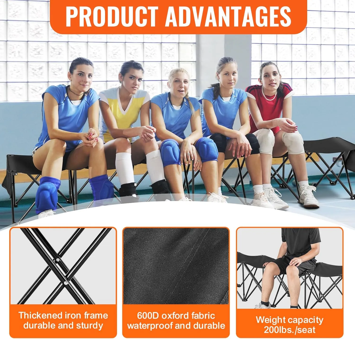 VEVOR Portable Folding Bench, 6 Seats Foldable Sideline Bench, Outdoor Camping Bench Chair with Carry Bag & Backrest, Team Sport Sideline Bench for Football Fishing, 6 Seats, 8seats