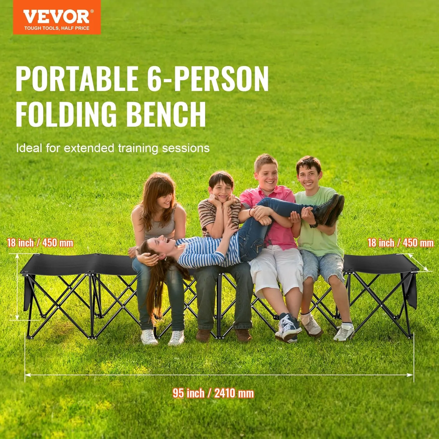 VEVOR Portable Folding Bench, 6 Seats Foldable Sideline Bench, Outdoor Camping Bench Chair with Carry Bag & Backrest, Team Sport Sideline Bench for Football Fishing, 6 Seats, 8seats