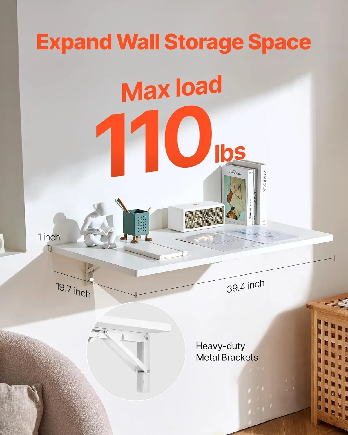 VEVOR Wall Mounted Folding Table, 39.4 x 19.7 inches Wall Mount Table, Floating Desk with Iron Bracket for Small Spaces, Home Office, Dining, Laundry Room, Kitchen, Bar, White