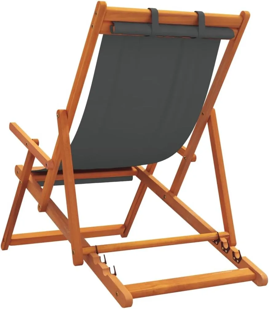 vidaXL Folding Beach Chairs in Gray Fabric - Adjustable Patio Seating with Eucalyptus Wood Frame - Outdoor Lounge Furniture Set of 2