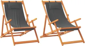 vidaXL Folding Beach Chairs in Gray Fabric - Adjustable Patio Seating with Eucalyptus Wood Frame - Outdoor Lounge Furniture Set of 2