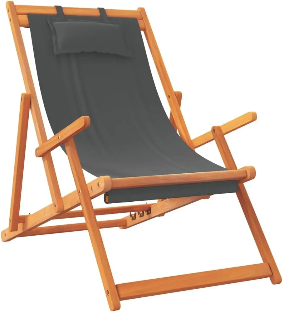 vidaXL Folding Beach Chairs in Gray Fabric - Adjustable Patio Seating with Eucalyptus Wood Frame - Outdoor Lounge Furniture Set of 2