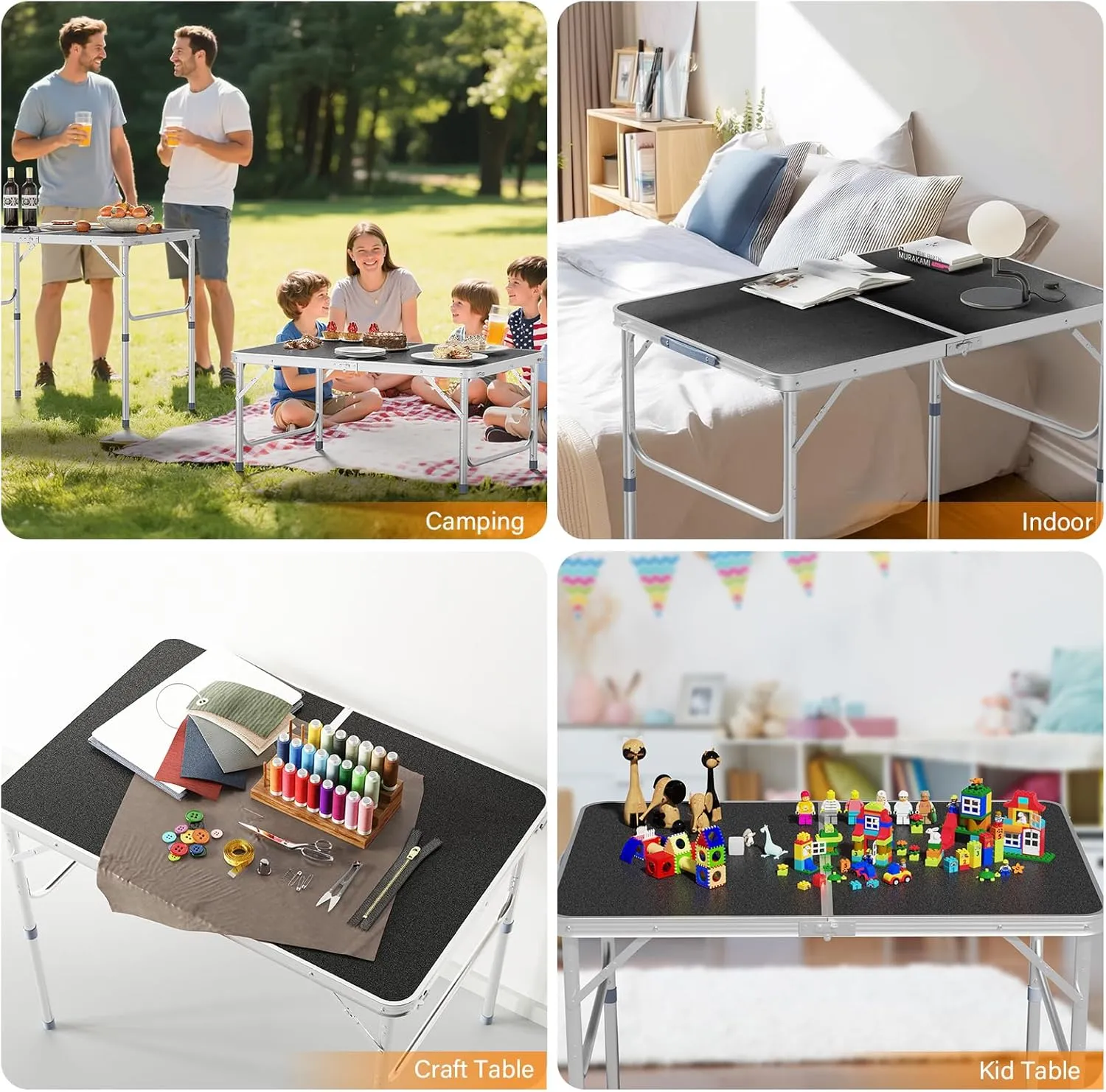 VINGLI 3FT Small Camping Table Adjustable Height Aluminum Folding Table for Picnic Party BBQ, Plastic RV Suitcase Table Portable Lightweight Fold Up Utility Outdoor Tables with Carrying Handle …