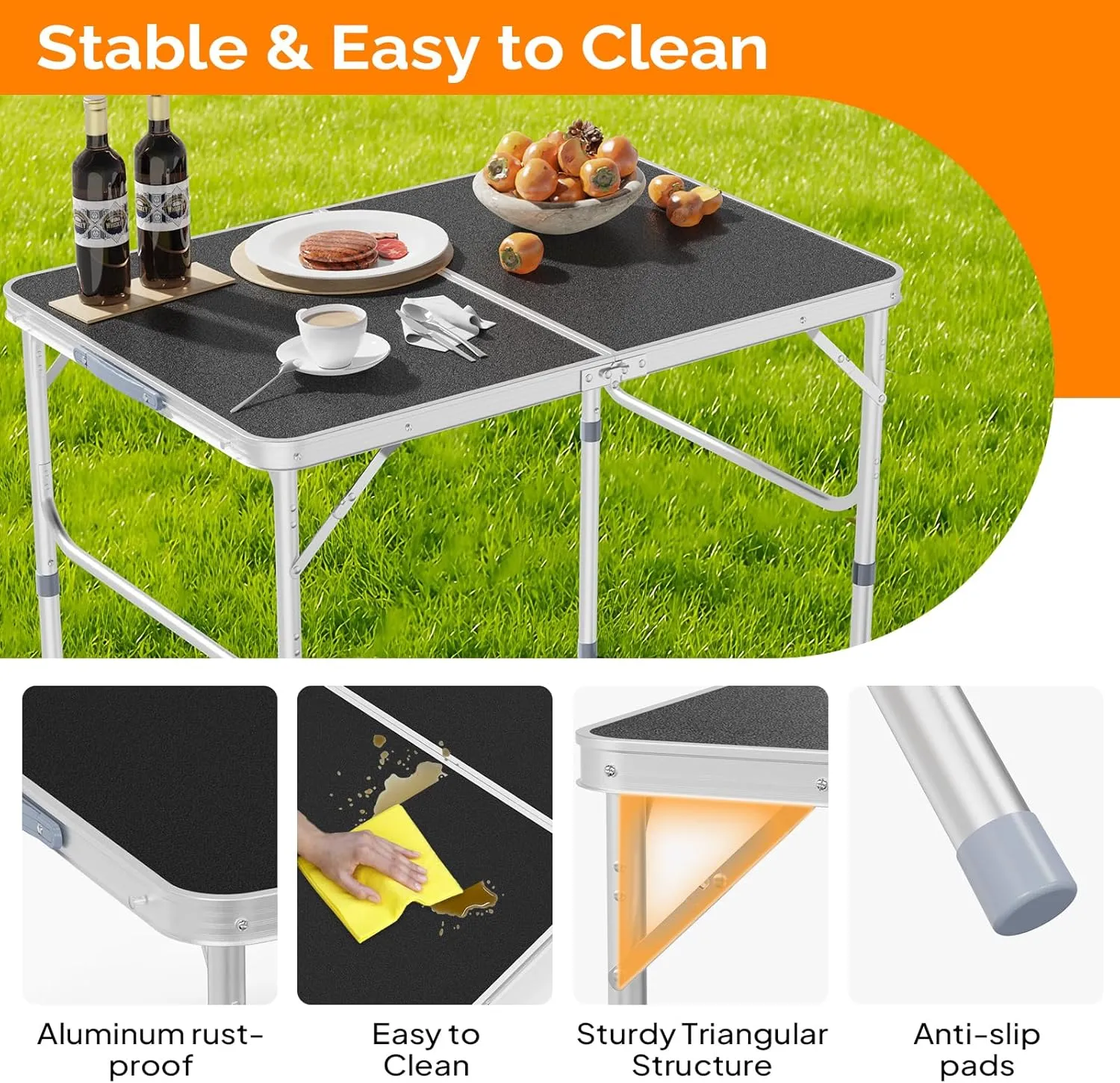 VINGLI 3FT Small Camping Table Adjustable Height Aluminum Folding Table for Picnic Party BBQ, Plastic RV Suitcase Table Portable Lightweight Fold Up Utility Outdoor Tables with Carrying Handle …