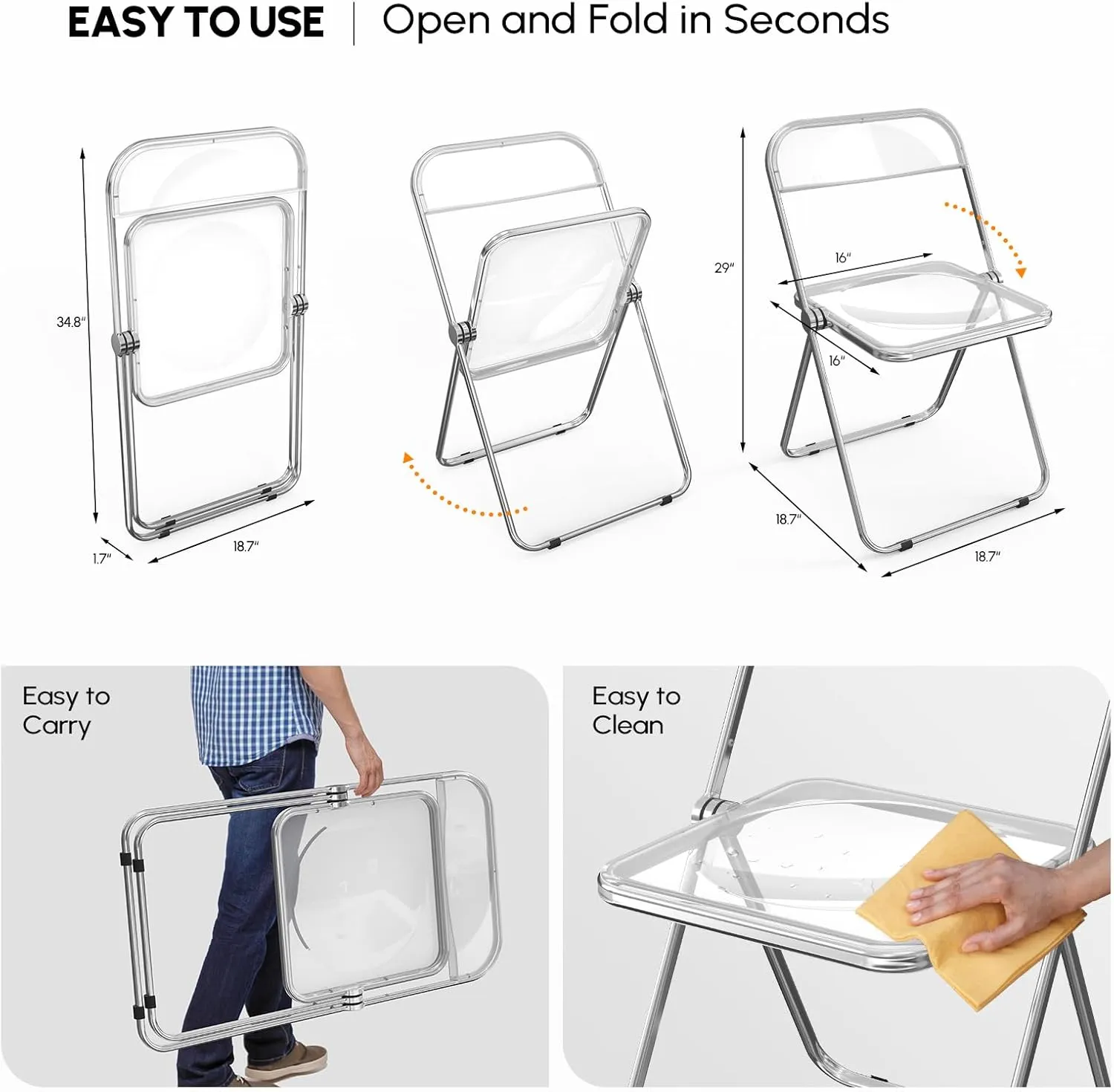 VINGLI Acrylic Folding Chairs 4 Pack, Clear Chair Foldable and Stackable, Transparent