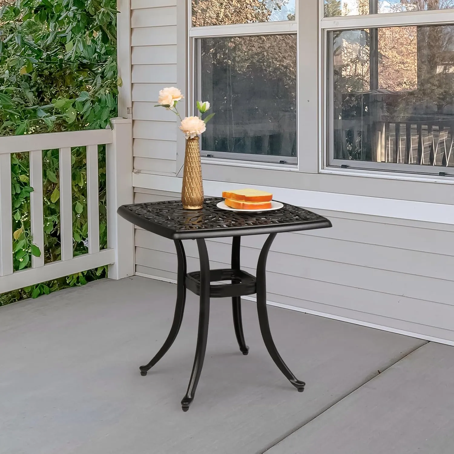 VINGLI Cast Aluminum Outdoor Side Table with Umbrella Hole, All Weather Round Patio Bistro Table (Black)